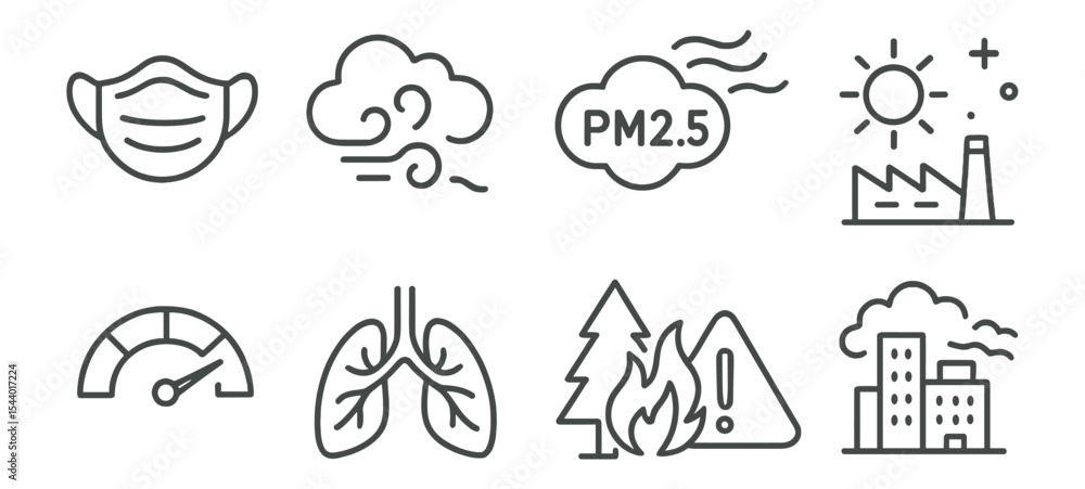 Obraz premium Pollution and environmental linear icon set. air quality and safety outline icons