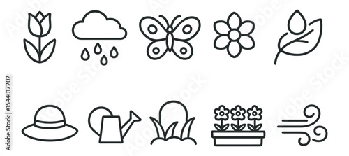 Gardening, nature outline icon set. flowers, plants, farming, weather symbols line collection