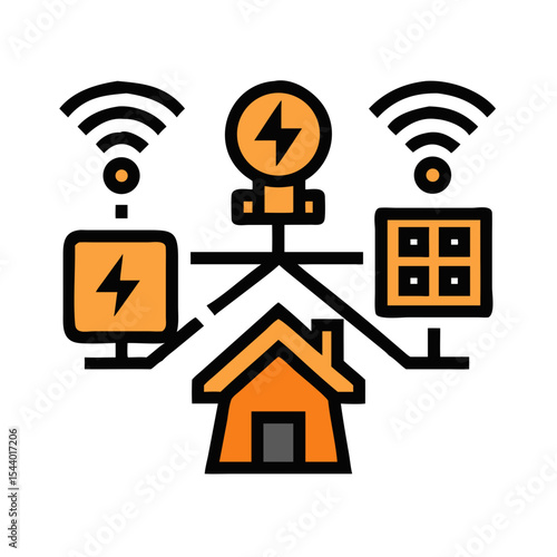Smart grid energy icon featuring a connected home with power sources and wireless signals for energy management - Smart Thermostat - 2