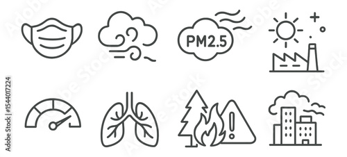Pollution and environmental linear icon set. air quality and safety outline icons