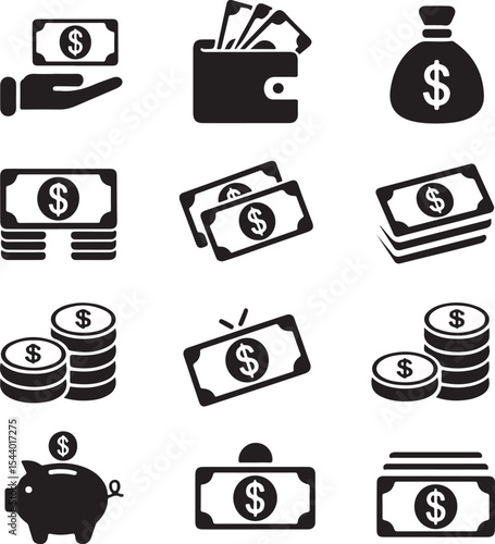 Financial Icons Money, Wallet, Piggy Bank, Currency, Cash, and Coins - Black and White Vector Illustrations