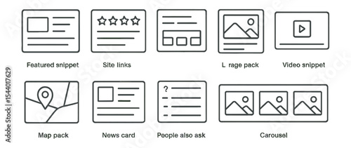 Seo-optimized icon set. featured snippets, search results linear icons collection