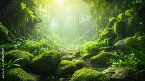 Mystical Rainforest Oasis: Serene Stream Through Lush Greenery