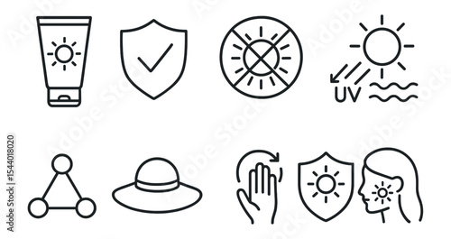 Sunscreen and uv protection icon set. outline safety icons collection