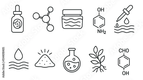 Chemistry and skincare icon set. molecular, science symbols outline collection