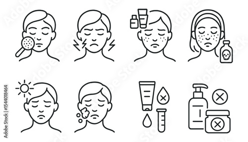 Skincare routine outline icon set. beauty, self-care, treatment line art collection