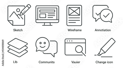 Web development outline icon set. sketch, wireframe, annotation tools collection