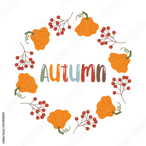 Wreath of pumpkins and rowan branches Autumn pumpkin frame. Autumn circle frame. Round border made of fall pumpking in green and orange. Vector flat isolated on white background