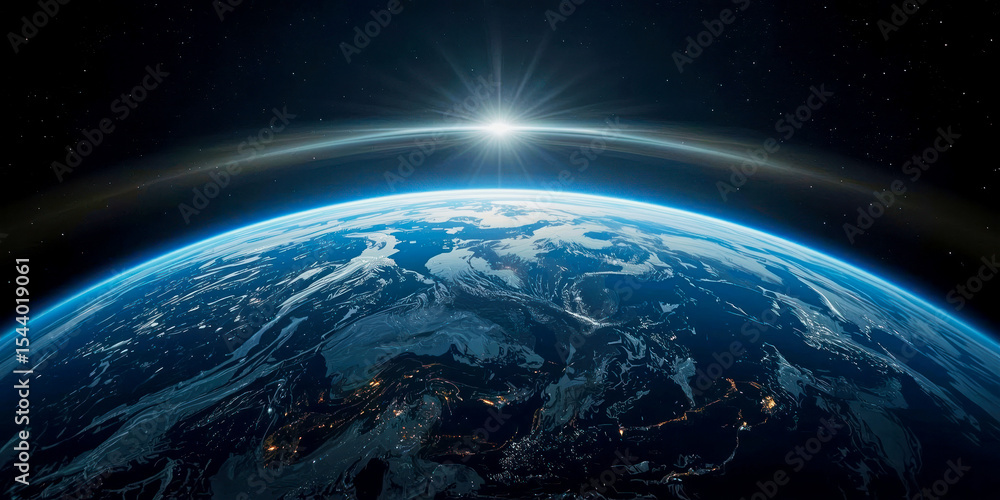 Fototapeta premium Stunning view of Earth from space showcases sunrise over the horizon