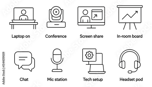 Video conferencing line icon set. remote work, office, meeting tools collection
