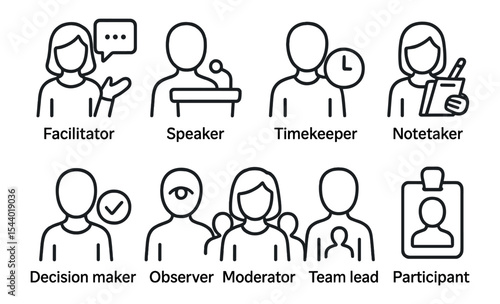 Meeting roles outline icon set. facilitator, speaker, observer icons collection