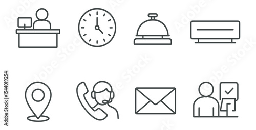Hotel, hospitality outline icon set. reception, booking, concierge icons in outline style
