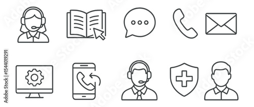 Customer support and communication line icon set. helpline assistance chat collection