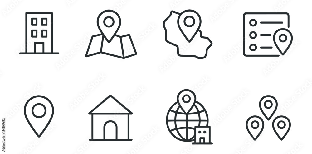 Obraz premium Map location outline icon set. navigation, gps, place markers outline collection