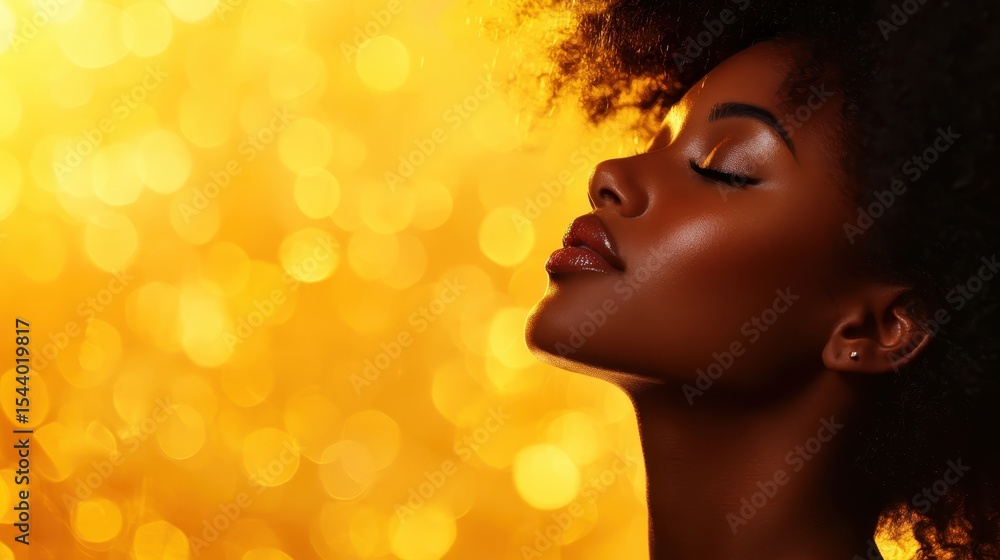 Fototapeta premium This mesmerizing portrait features a woman in profile, surrounded by a warm golden bokeh effect, highlighting her natural beauty and evoking a sense of tranquility and self-reflection.