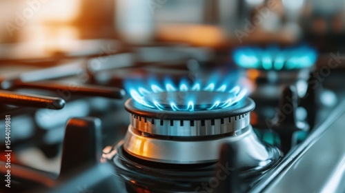 An up-close view of a gas stove ignited, showcasing mesmerizing blue flames, emphasizing the powerful blend of energy and domesticity in a culinary setting.