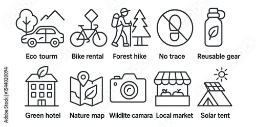 Eco-friendly travel outline icon set. sustainable tourism, hiking, and green icons