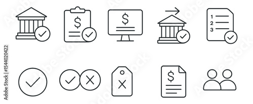 Finance, banking outline icon set. financial documents, checklist, currency icons