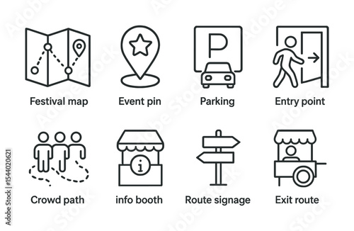 Events and festivals line icon set. map, parking, and navigation tools collection