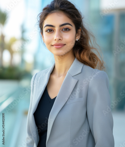 Aerial view Closeup headshot outdoor portrait of young middle eastern Israel businesswoman standing white office building. Successful smiling indian or arabic woman in casual business suit.
