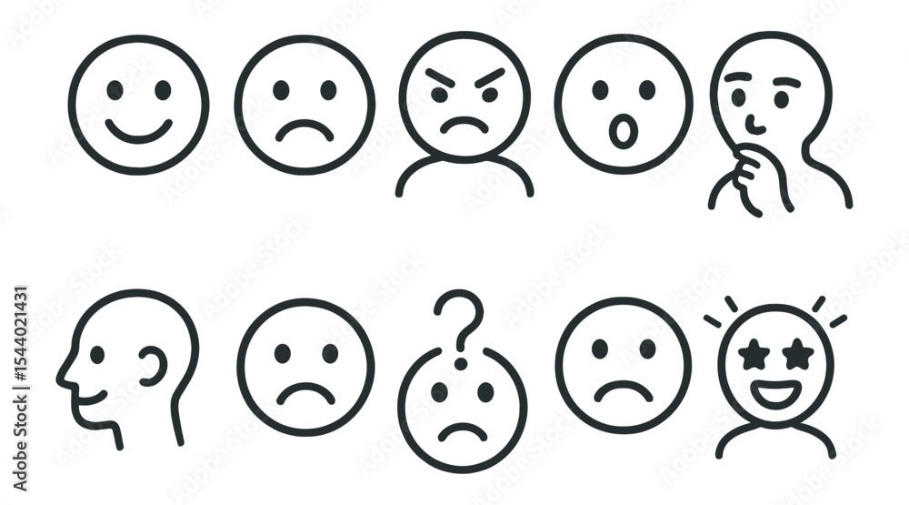 Emotions and expressions line icon set. smile, sad, angry, thinking icons Emotions and expressions line icon set. smile, sad, angry, thinking icons