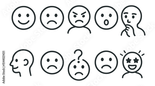 Emotions and expressions line icon set. smile, sad, angry, thinking icons