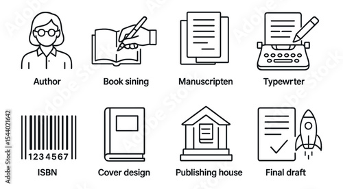 Publishing and writing line icon set. author, manuscript, publishing house icons