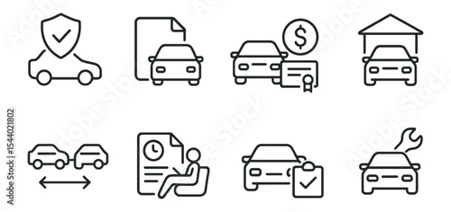 Car service and insurance linear icon set. auto repair, finance icons collection