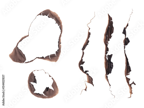 Set of Burnt Paper Elements PNG - Scorched Edges, Holes, & Strips; Grunge Texture Overlays, or Fire Damage Effects, fire brunt paper edges