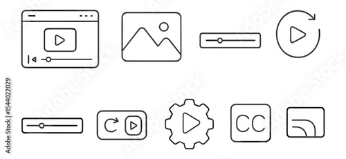 Multimedia control line icon set. media, video, audio, playback, controls outline collection