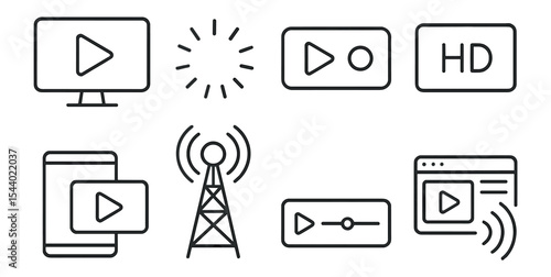 Media, entertainment outline icon set. streaming, broadcast symbols outline collection