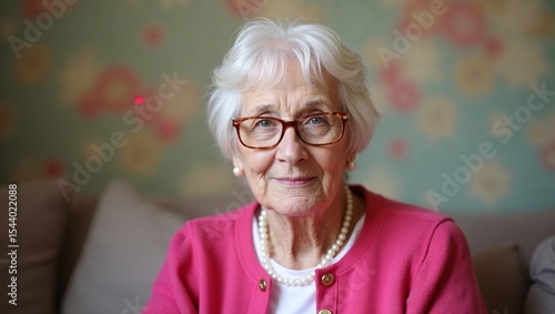 Ältere Frau mit Brille und Perlenkette sitzt entspannt auf Sofa im Wohnzimmer