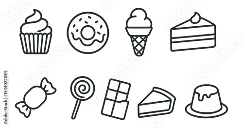 Dessert and sweets outline icon set. cupcake, ice cream, candy collection