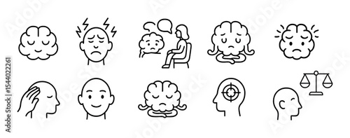 Mental health and wellness line icon set. mindfulness, therapy, meditation outline icons
