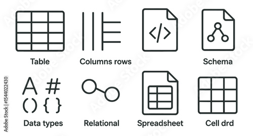 Database management line icon set. essential data, schema, and spreadsheet tools