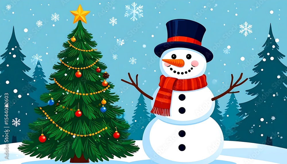 Snowman Christmas Tree Winter Scene. Snowman Christmas Tree Winter Scene.