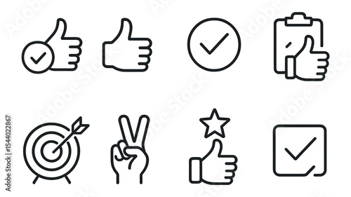 Approval and feedback outline icon set. checkmark, thumbs up, approval icons