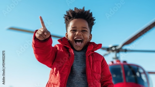 A joyful child wearing a red jacket exuberantly points with excitement at a helicopter, capturing the thrill of adventure and childhood wonder.