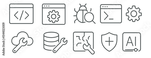 Web development line icon set. coding, bug fixing, cloud tools, database icons