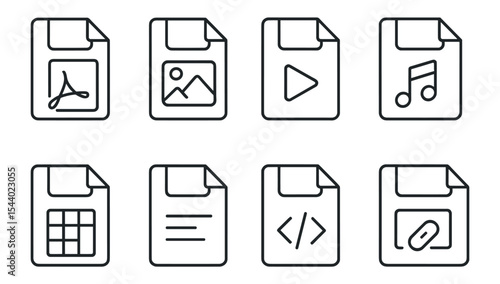 File management outline icon set. documents, media, coding, and formats collection