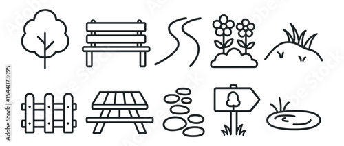 Nature and outdoor line icon set. garden, park, and landscaping outline collection
