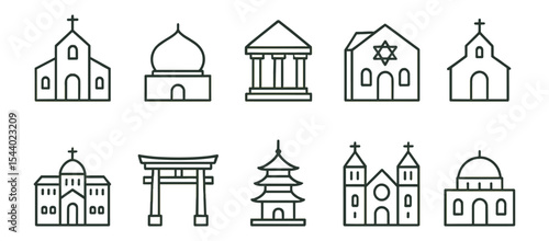 Religious building line icon set. church, mosque, temple, synagogue outline collection