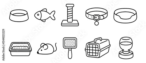 Pet supplies icon set in outline style. essential food, toys, and care icons collection