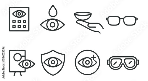 Vision care linear icon set. glasses, contacts, eye health, ophthalmology icons collection