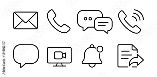 Communication icon set: phone, message, email essentials in linear style