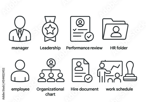 Business and hr line icon set. corporate, leadership, employee management icons