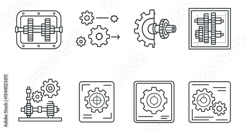 Engineering, mechanical linear icon set. gears, tools, machinery, equipment icons.