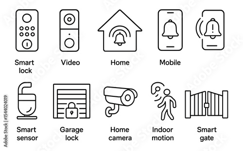 Smart security linear icon set. lock, video, home, mobile, camera devices