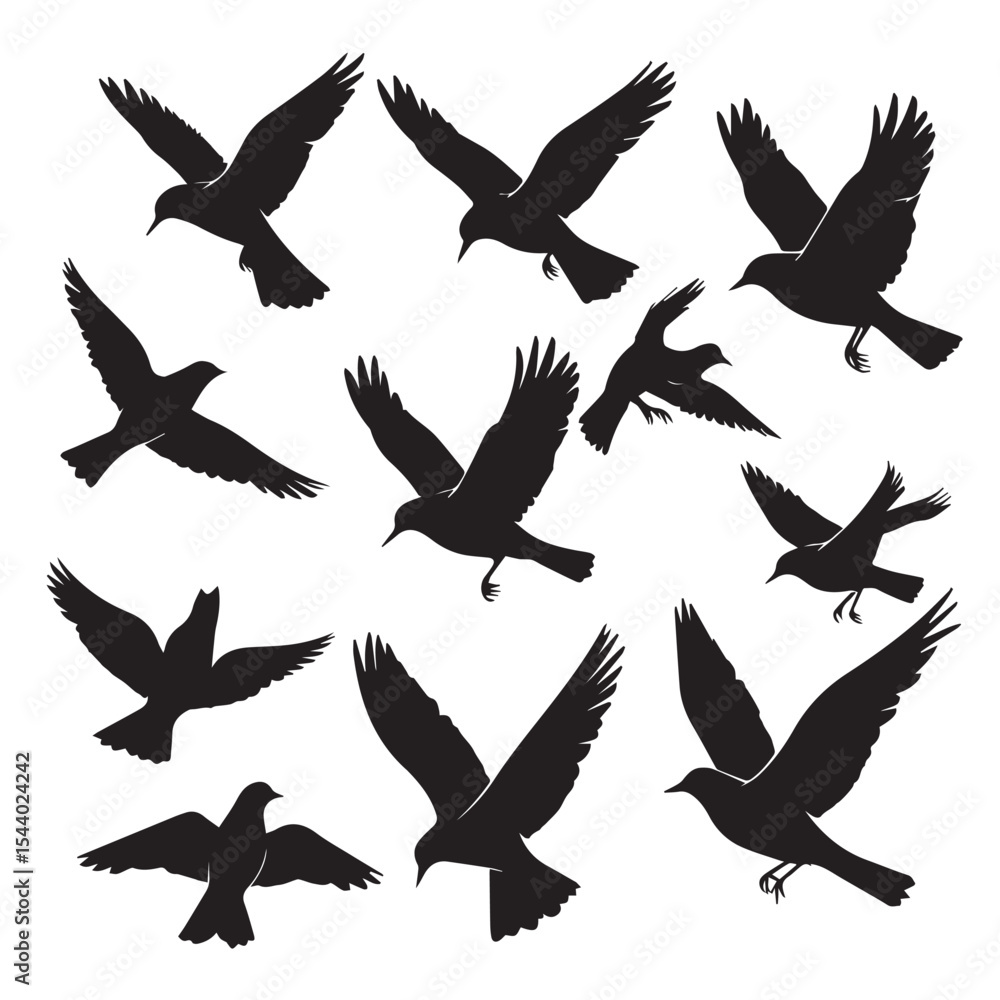Fototapeta premium Silhouette of Birds Flying Together in Various Poses on a White Background