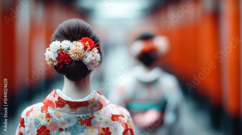 A beautiful geisha in a floral kimono walks gracefully through a traditional shrine, embodying the essence of Japanese culture, tradition, and artistry.
